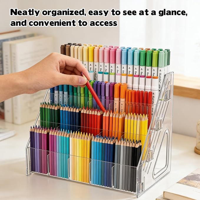 2 Pack Acrylic Desk Organizer, 4 Tier 20 Compartments Vertical Storage for Pens Art Supplies Home Classroom Back to School Office School Office Desk Desktop Stationery Pencil Storage