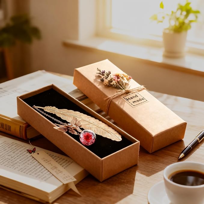 Teacher Retirement Gifts - Metal Feather Bookmark with 3D Butterfly & Real Dried Flower Pendant - Bookmark for Women & Book Lovers Under 10 Dollars - Gift Box Included