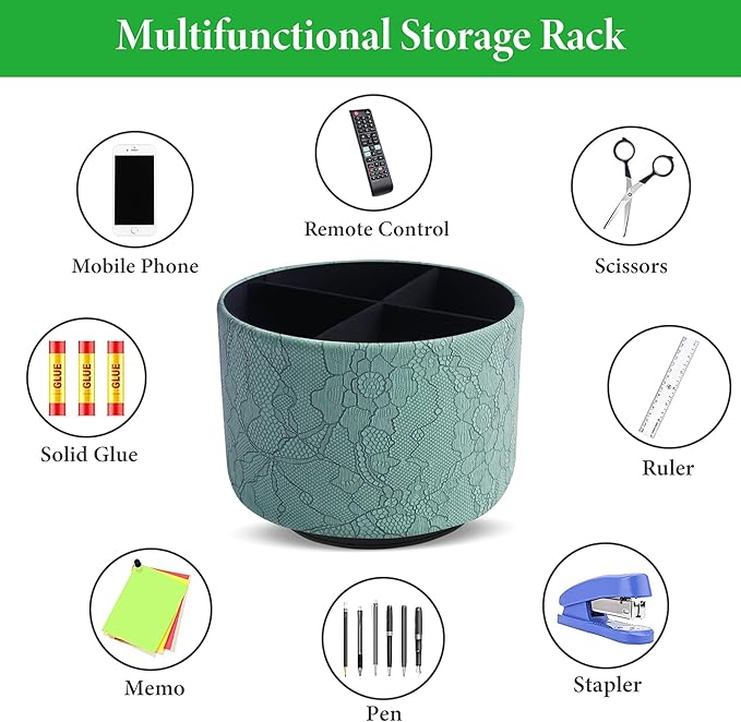 Round Leather Art Supply Organizer,Remote Control Holder,360 Degree Spinning,Multi-Functional Pencil Holder,4 Compartments Desktop Stationary Organizer(1-Lace Flower Green2)