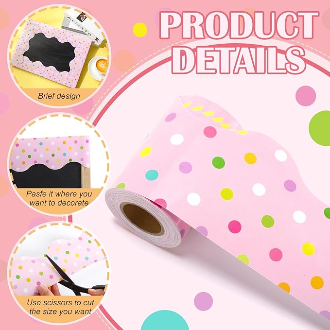 Mooliwe 131 Feet Pastel Dots Bulletin Board Borders Colorful Polka Dot Bulletin Border Board Rainbow Dot Wavy Scalloped Straight Trim Borders for Classroom Office Home Decor