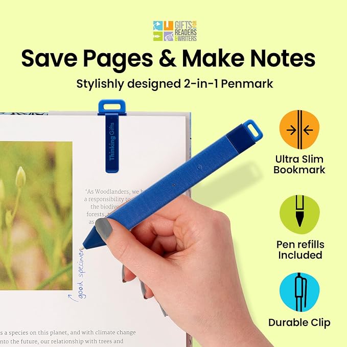 Gifts for Readers & Writers Pen Bookmark, Page Marker & Flat Writing Pen for Journal Notebook & Planner, Penmark Reading Accessory for Making Book Annotations, Blue