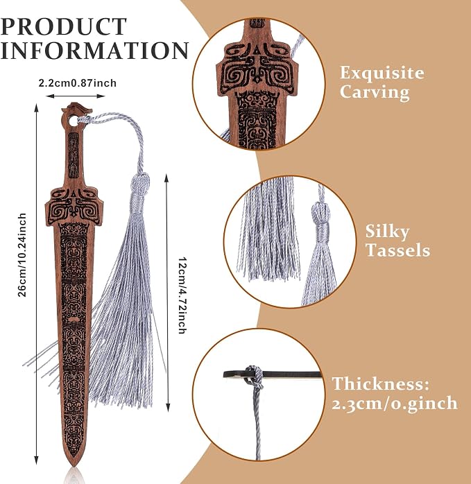 Nogeqi 4 Pcs Wooden Sword Bookmark,Cool Bookmarks with Tassel,Vintage Book Marks for Reading Men,Reading Page Markers for Men Teacher and Student Office School Library Bookstore(Black Brown)