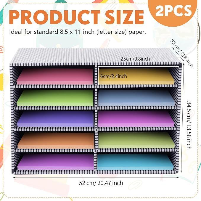 Dispowreath 2 Pack 10 Slots Construction Paper Storage, Classroom Mailboxes, Back to School Literature Cardboard Paper Organizer for Teacher, Office, 19.7 x 12.4 x 11.8 Inches(White,Stripes)
