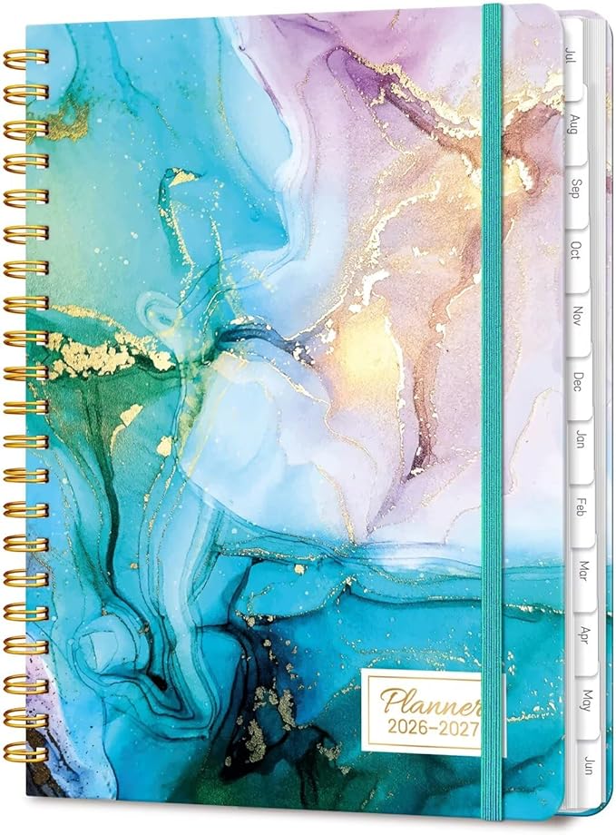 Lonely Oak Academic Planner 2026-2027, Daily Weekly and Monthly Agenda Planner 6.18" x 8.5" with Tabs, 12 Months Spiral School Year A5 Calendar from Jul.2026 to Jun.2027 for Student and Teacher (Cyan Marble)