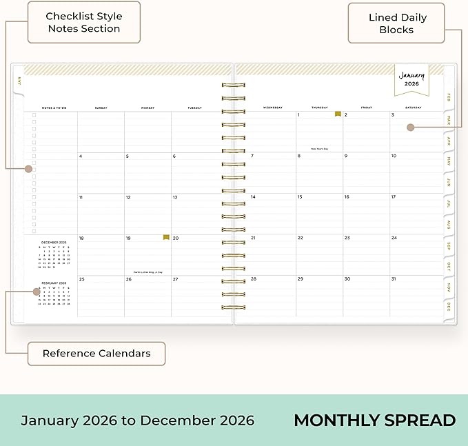 Blue Sky Day Designer 2026 Daily and Monthly Planner Calendar, January 2026 - December 2026, 8" x 10", Flexible Cover, Laminated Tabs, Includes Storage Pocket, Stickers, Rugby Stripe Navy