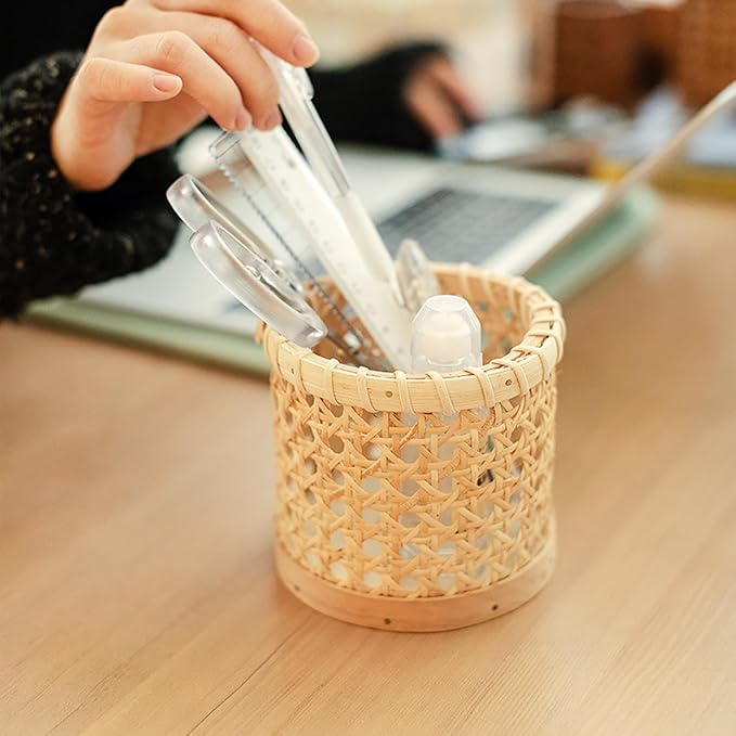 Handwoven Rattan Pen Holder, Cylindrical Desk Organizer, Natural Wicker Pencil Cup with Wooden Base for Office, Home, and Vanity - Boho Decor for Stationery, Makeup Brushes, etc.