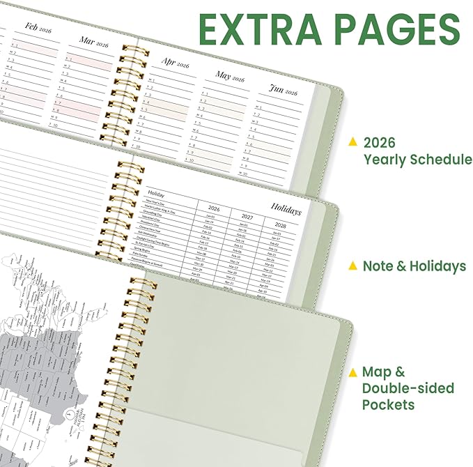 2026 Planner, Annecy Weekly ＆ Monthly Planner 2026, Jan. 2026 – Dec. 2026, 6.4" x 8.5" Monthly Agenda Planner with Tabs, Vegan Leather Cover, Spiral Binding, Double-sided Pocket, Bookmark, Green