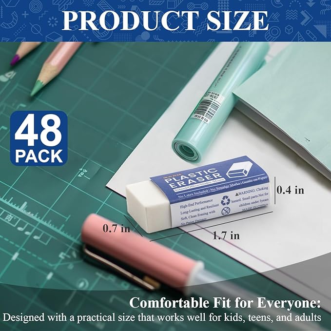 Realzeva White Vinyl Erasers for Pencils, White Plastic Eraser, 48-Pack Bulk Pencil Erasers for Classroom & School, Kids Classroom Must Haves & Back to School Supplies Eraser.
