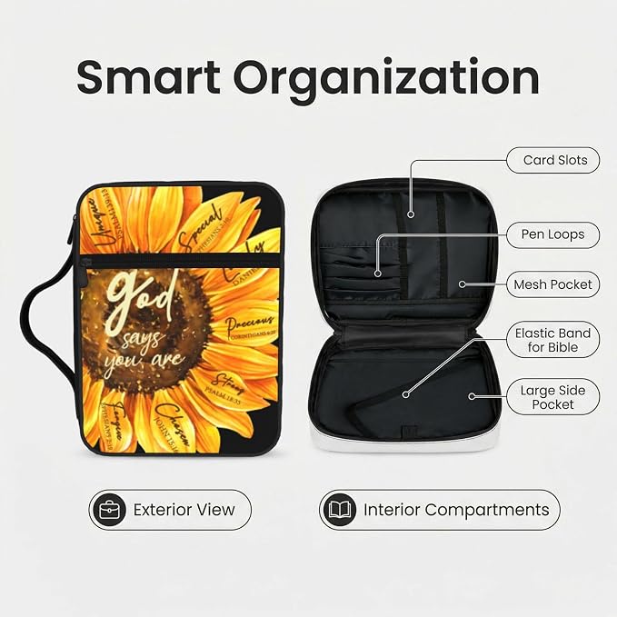 God Says Sunflower Christian Religious Bible Verse Scripture Prayer Bible Cover Case Carrying Book Protector Case Bible Study Supplies Accessories Holder Case Christian Gift for Women Men