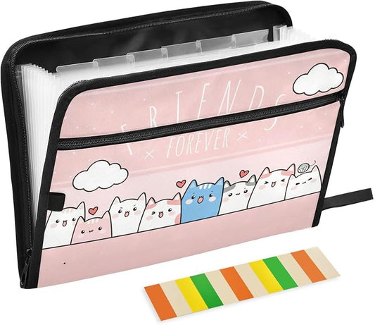 Cute Kitty Cat Pink Expanding Accordion File Folder with 13 Pockets, Sticky Labels & Zipper Closure
