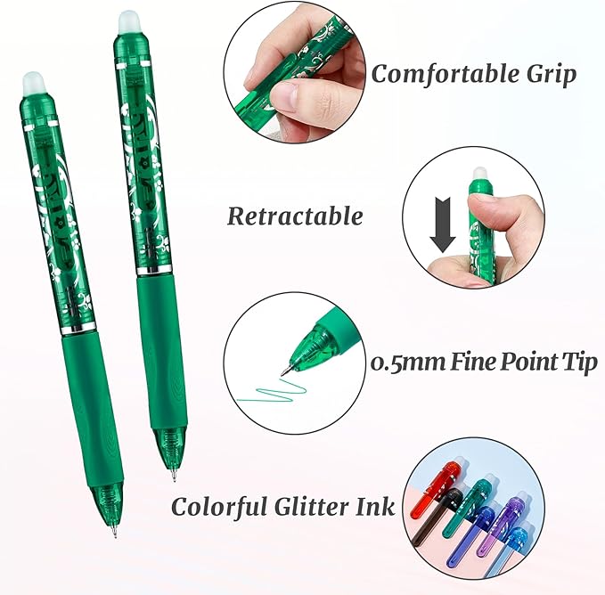 6 Pcs Retractable Erasable Pens, Colored Gel Green Ink Pens Clicker with Erasers, 0.5mm Fine Point Smooth Writing Pen for Journaling Note-Taking Crossword Puzzles Supplies (Green)