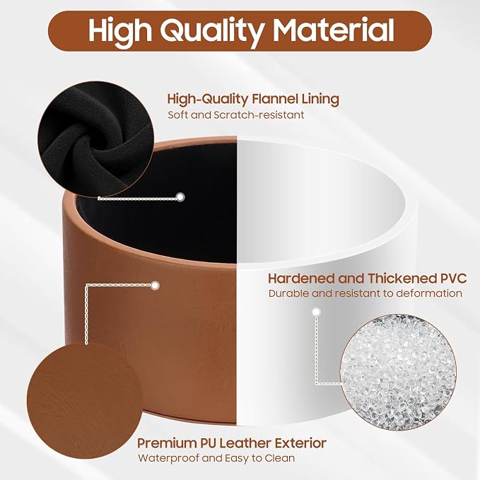 Premium Leather Paper Clip Holder for Desk - Round Brown Paperclip Dispenser Organizer, Shatterproof Desk Accessories Binder Clip Holder for Push Pins, Hair Clips, Trinkets & Jewelry