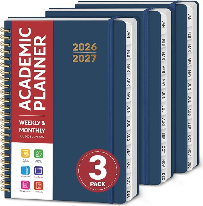 Planner 2026-2027 for Women & Men, Set of 3, Academic Monthly and Weekly Calendar Planner, Jul 2026 - Jun 2027, A5 (6.3" x 8.5"), Teacher Student Planning Book with Tabs, Ideal for Office School Supplies - 3 Navy Blue