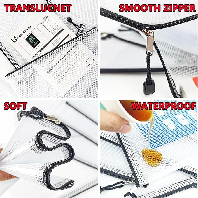 D-KINGCHY 24Pcs Zipper Storage Bags, Plastic Mesh Zippered Pouch for Organization, Waterproof Versatile Bags for Office Supplies School Travel (A5 Size 9.2''x6.7'', Black Zipper)