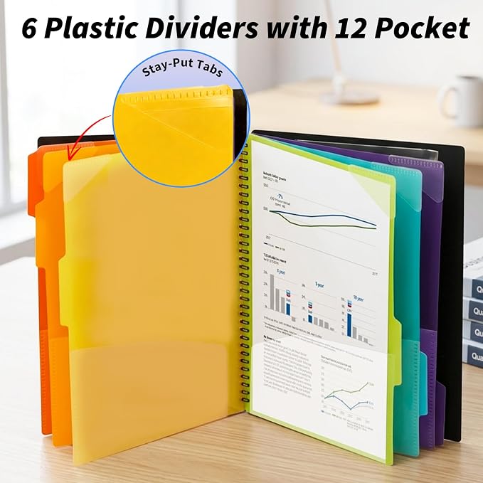 Binditek 3 Pack Plastic Clipboard Folio Folders, 6-Color Dividers with 1/6-Cut Tabs, 12-Pocket Project Organizer, Inner Zipper Pouch, Hardcover Storage Clipboard, Letter-Size, with Sticky Tab Lables