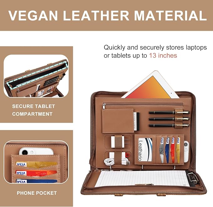 Leathario Portfolio Binder, Includes 5 Folder Index Dividers, 13 Inch Tablets Organizer with Handle, Vegan Leather A4 Padfolio, Multi-Pocket Notepad Business Planner Professional Document