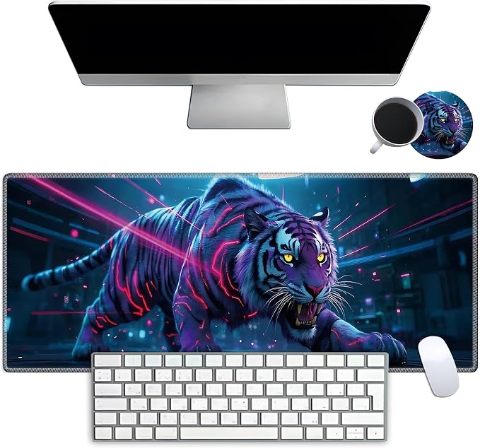 Mouse Pad Gaming Mousepad 31.5x11.8 Inch XXL Large + Coasters,Desk Mat with Stitched Edges, Non-Slip Rubber Base, Thick Mouse Pad for Computer, Laptop, Office & Home - Tiger