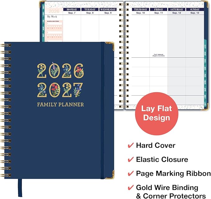 FAMILY PLANNER ORGANIZER – 8.5" x 11" Weekly & Monthly Calendar (May 2026-Jun 2026). 5+ People, Meal Planning, Budgeting, Habit Tracker – Hardcover, Household Schedule Organizer for Parents, Kids, & Caregivers (Navy Gold Numbers)