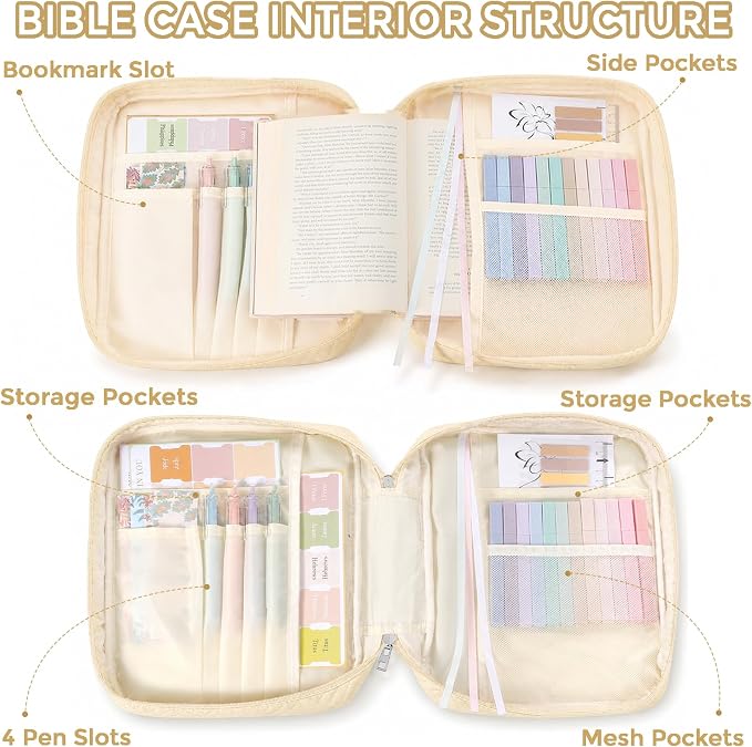XKDOUS Bible Cover Case for Women, Large Bible Cover with Durable Handle, Washable Quilted Bible Case, Bible Study Supplies & Christian Gifts for Mom, Women, Men (Light Yellow)