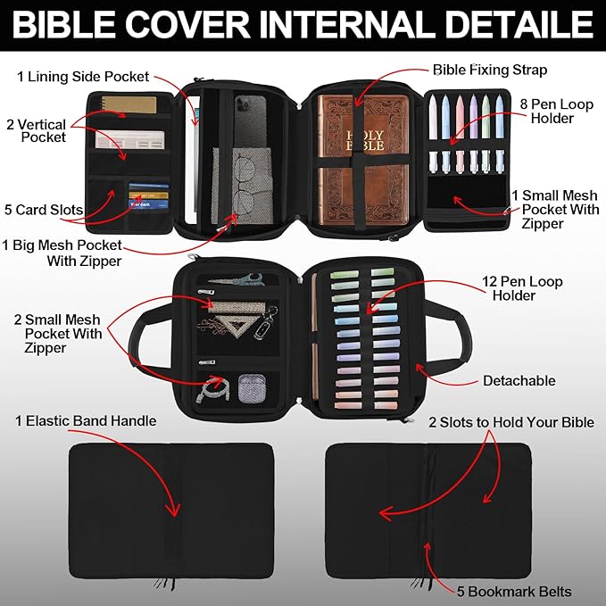Large Bible Cover Case for Boys Mens, Book Carrying Case with Highlighters Tabs Pens, Bible Bag for Men Organizer, Bible Holder Bible Study Supplies Journaling Kit, Christian Gifts Black
