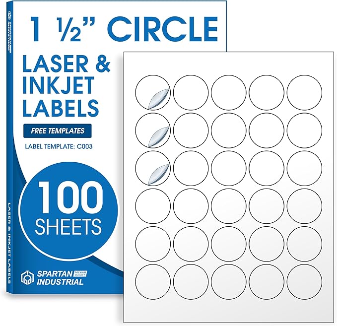 1.5" Printable Round Labels for Laser and Inkjet Printers - 3000 Blank Labels, 100 Sheets for Thank You Stickers, Price Tags, QR Codes, Business Logos - Spartan Industrial Template C003