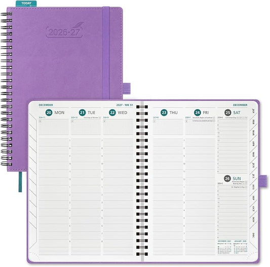 BEZEND Weekly Planner 2026-2027 (8.5" x 11") with Hourly Timeslots (Jul 26-Dec 27) 18 Months Academic Calendar & Monthly Tabs, for Students, Work & Home, Spiral PU Leather Softcover -Lavender