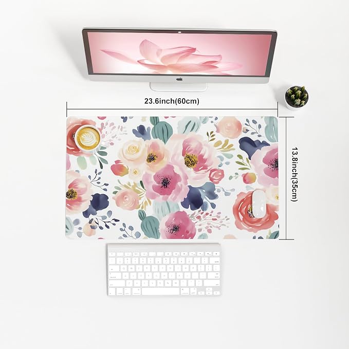 Colorful Star Large Mouse Pad, Pink Floral Desk Mat for Desktop, Women Girls PU Leather Waterproof Gaming Mousepad, Computer PC Laptop Protector Flowers Desk Pads for School Office Home 23.6" x 13.8"