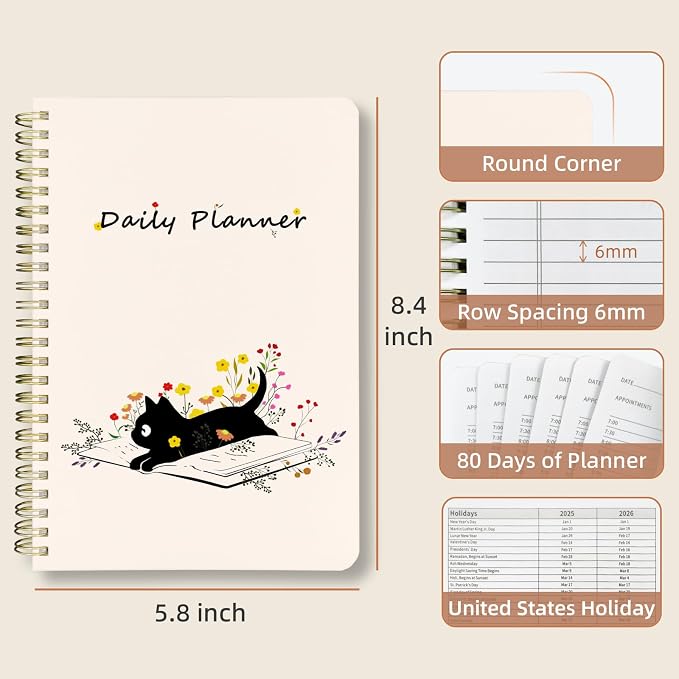 Undated Daily Planner - Spiral Notebook 80 Days One Day Per Page, Hourly Schedule, To-Do List, Notes, Everyday Planning Task, A5 Hardcover Journal Organizer Book Women Cute Aesthetic, Cat