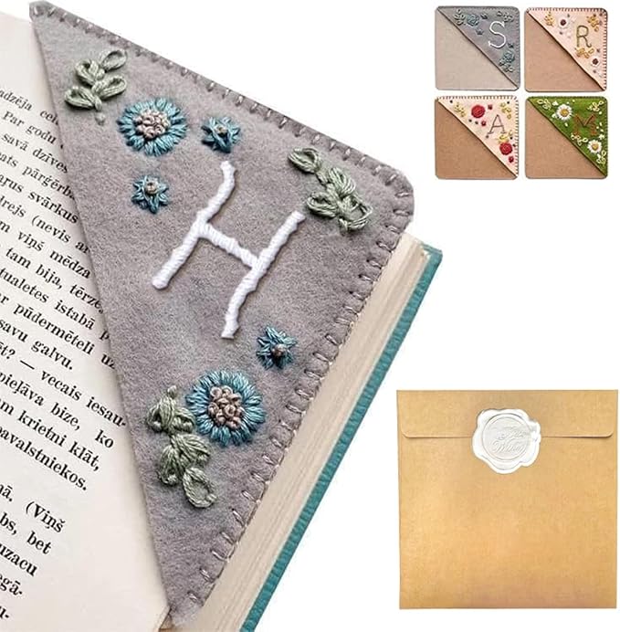 Personalized Hand Embroidered Corner Bookmark, 26 Letters Hand Stitched Felt Corner Letter Bookmark, Cute Flower Embroidery Bookmarks for Book Reading Lovers Meaningful Gift (Winter，H
