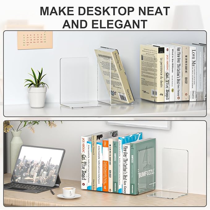 VFINE Acrylic Bookends 8 Pieces, Book Ends for Shelves, Clear Bookends for Shelves Decor Book Ends for Desktop Organizer, Book Stopper for Home Office School Supplies, 7 * 4.8 * 4.75 inch