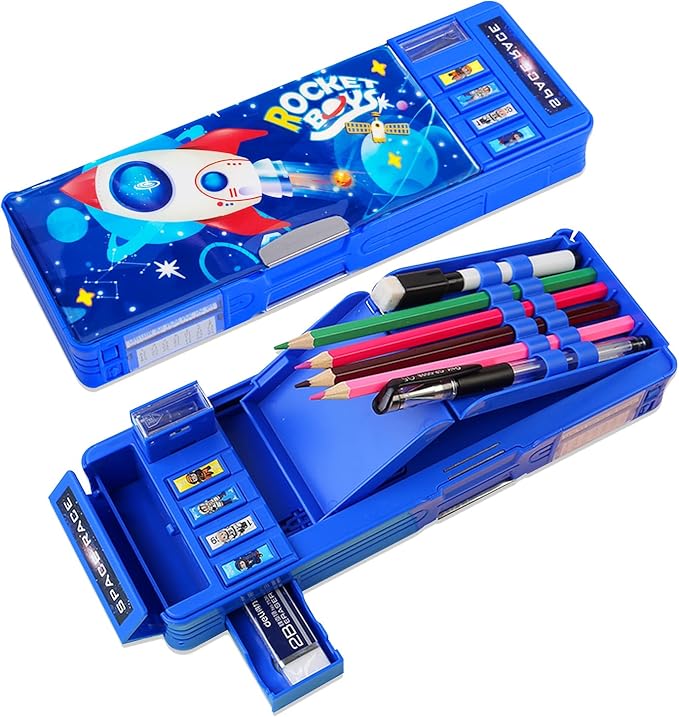 【2Pack】Pop Up Multifunction Pencil Case for Girls and Boys, Cute Cartoon Pen Box Organizer Stationery with Lock, Sharpener, Schedule, Whiteboard, School Supplies, Best Gifts for Kids(Purple+Rocket)