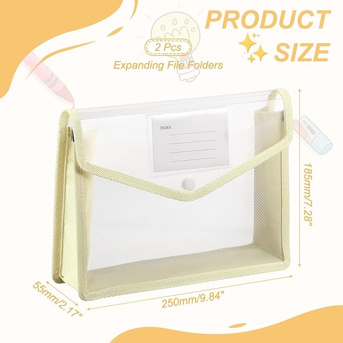 PATIKIL Plastic Expanding File Folders, 2 Pack B5 File Folder Envelopes Letter Size Document Organizer Supplies with Snap Closure for Classroom Office, Khaki, Horizontal