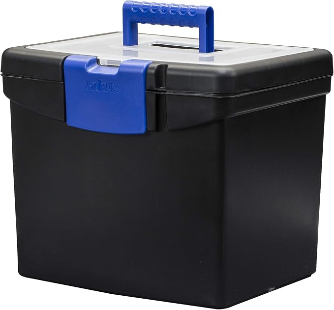 Storex Portable File Box with Organizer Lid – Plastic Office File Storage Box for Letter Paper and Hanging Folders, Black/Blue, 1-Count (61415B03C)