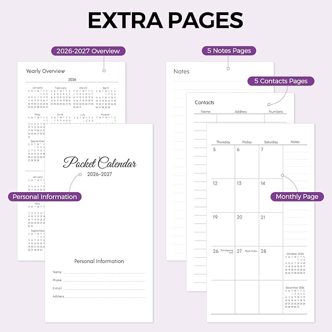 Phyxin Pocket Calendar 2026-2027, Small Calendar 2026 - Runs From Jan 2026 to Dec 2027, Pocket Planner-3.7" x 6.7" with PVC Cover, Pocket Calendar for School, Home and Office Supplies, Purple Flowers