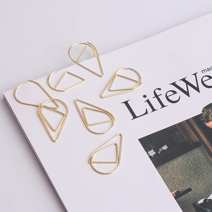 100 Pieces Gold Cute Paper Clips Medium, VENCINK Smooth Stainless Steel Tear Drop-Shaped Wire Paperclips for Office Supplies Wedding Women Girls Kids Students Paper Work
