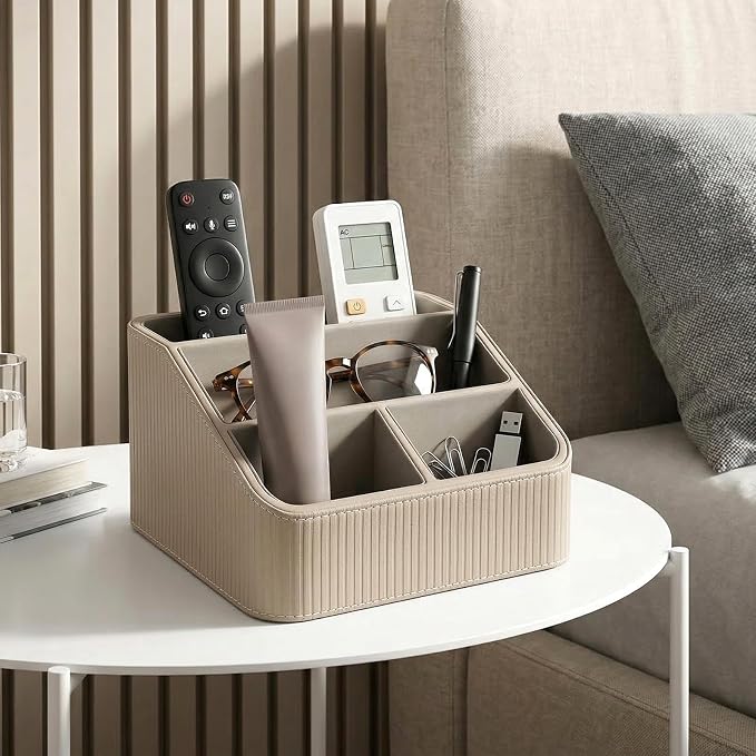 Remote Control Holder with 4 Compartments, PU Leather Desktop Organizer for Nightstand or Desk, Multifunctional Storage Box for Office Supplies and Home Accessories (Beige)