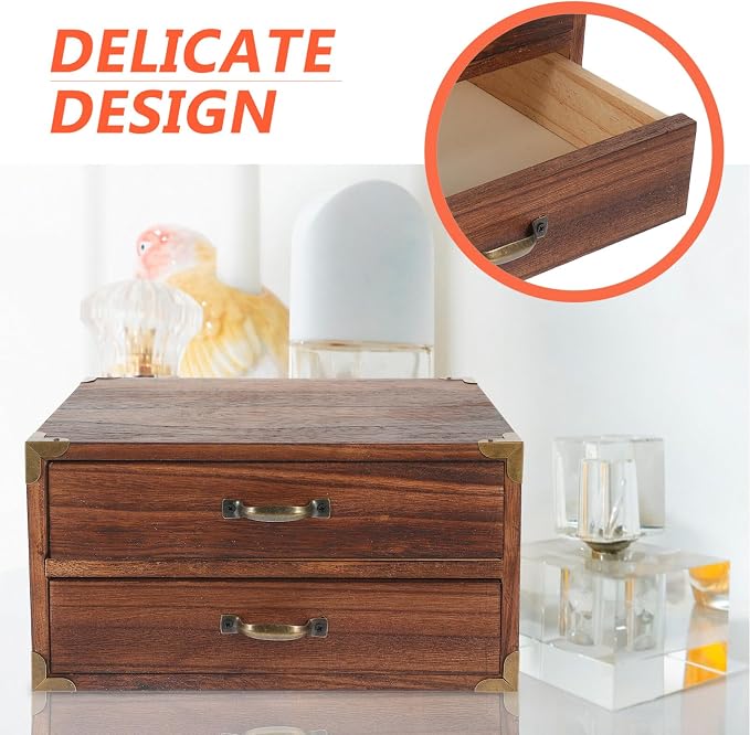 Alipis 2 Drawer Wooden Desktop Organizer - Vintage Style Storage Cabinet for Office Supplies Jewelry and Cosmetics Compact 9.44X7.08X5.11 Inch