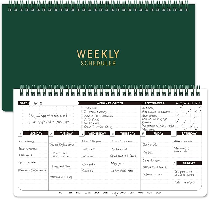 Weekly Planner 2026 – 11.2" x 6.3", Dark Green Spiral Bound, Thick Paper for Smooth Writing, Portable Size for Students, Teachers & Office Workers, 55 Weeks