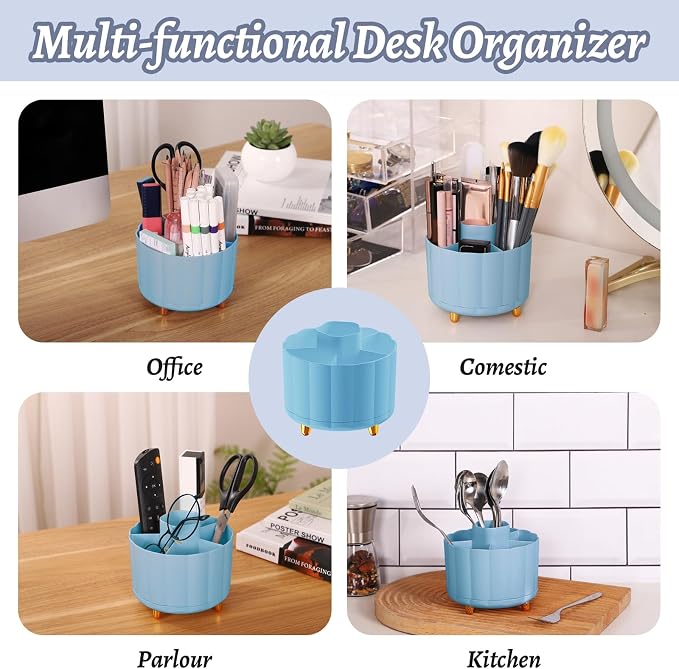 360 Degree Rotating Pen Holder for Desk, 6 Slots Desktop Organizer Caddy for Pens, Pencils, Markers, Multi-Functional Pencil Cup & Office Supplies Holder, Blue