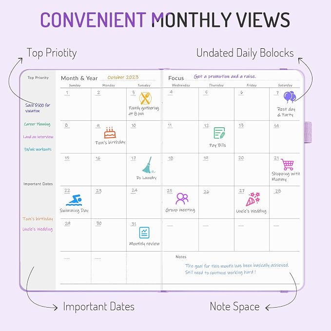 Undated Weekly Planner for 2026, Forvencer Simplified Weekly & Monthly Calendar Planner, Cute Daily Organizer Notebook, Agenda Journal to Track Goals & Tasks, Start Anytime, A5 Size, Lilac