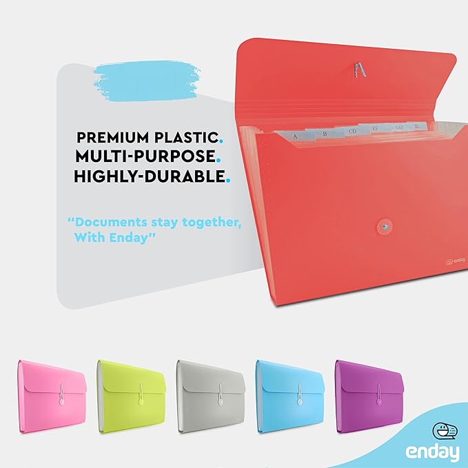 Accordion File Organizer Red, 7 Pocket Expanding File and Cover Folder with Labels, Plastic Portable Desktop Letter A4 Paper, Also Available in Purple, Green, Pink, Blue, Grey, 1 Pc – By Enday
