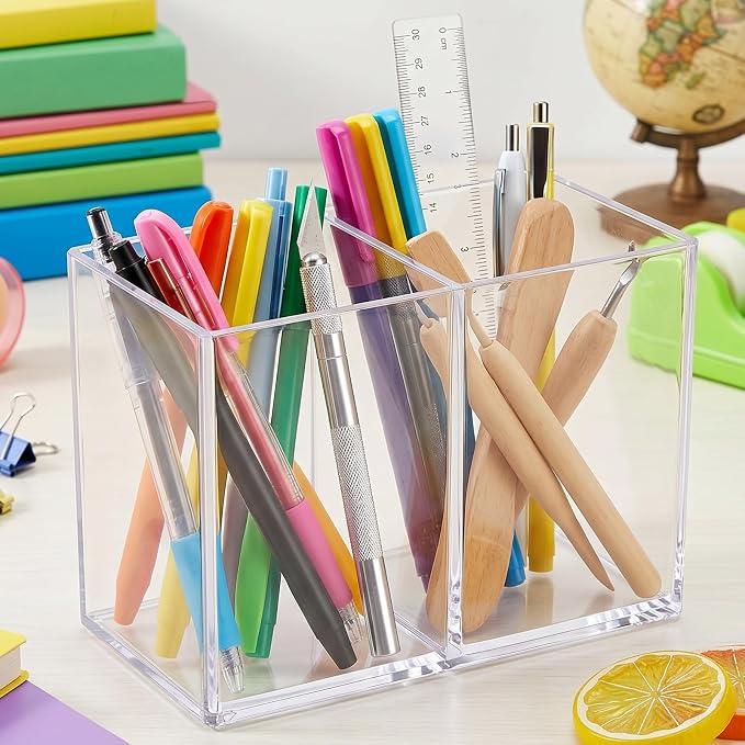 Acrylic Pen Holder for Desk, Clear, 2 Compartments | Countertop Desk Accessory Storage, Makeup Brush Organizer