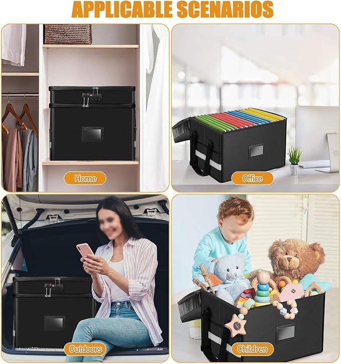 2 Layer Fireproof Document Box with Lock, File Box Water-Resistant File Organizer File Cabinet, Portable File Organizer Document Safe for Home Office Letter Legal Folder (Black)
