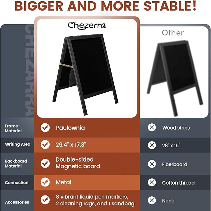 Chezerra A Frame Chalkboard Sign, 40"x20" Extra Large Sidewalk Chalk Board, Wooden Standing ChalkBoards Set with Markers, Double-Sided Magnetic Blackboard for Cafés, Weddings, Party Guide, Black