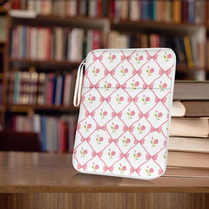 Book Sleeve, Book Protector PU Waterproof for Paperback Hardcover with Zipper and Extra Sleeve Pocket for Loves Reader Students Women Teacher-Bow-tie Roses