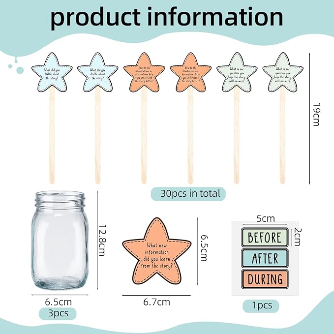 Eaasty 33 Pcs Classroom Management Supplies Bottle with Sticker Reading Comprehension Question Card Bulk Classroom Reading Tool Elementary Kindergarten Decoration Before During After Teacher Essential