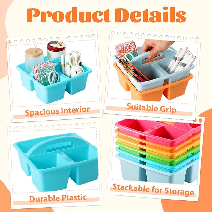 6 Pack 3 Compartment Small Caddy Plastic Classroom Organizer with Handle Portable Teacher Supply Storage Caddy Craft Art Caddies for Pencil, Crayon, Marker, Home, Office, School Supplies(Multicolored)