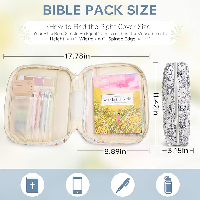Bible Cover Case for Women Large Bible Cover with Durable Handle Quilted Bible Carrying Case for Girls Bible Study Supplies Accessories (Big Blue Flower, Big Blue Flower)