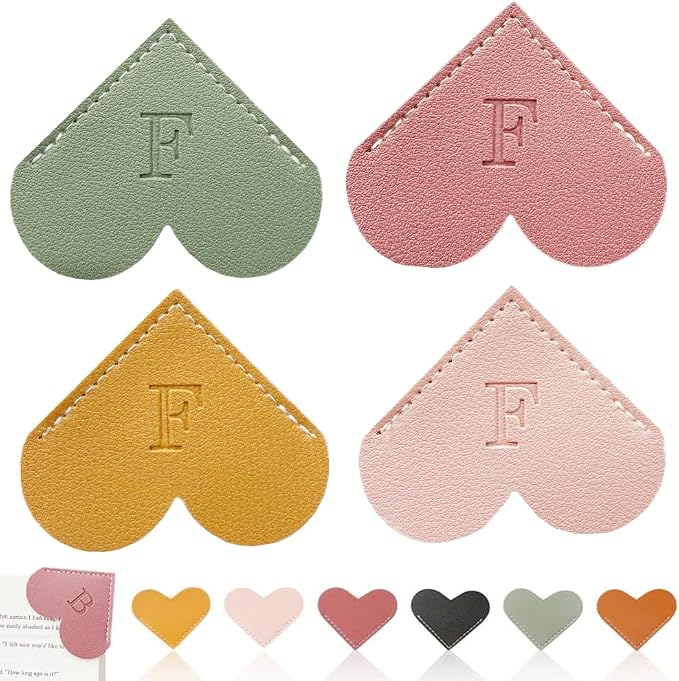 Personalized Leather Heart Bookmark, 26 Letters Customized Corner Book Mark for Reading Women, Book Marker with Initials，Cute Gifts (Light Pink+Deep Pink+Green+Light Brown, F)