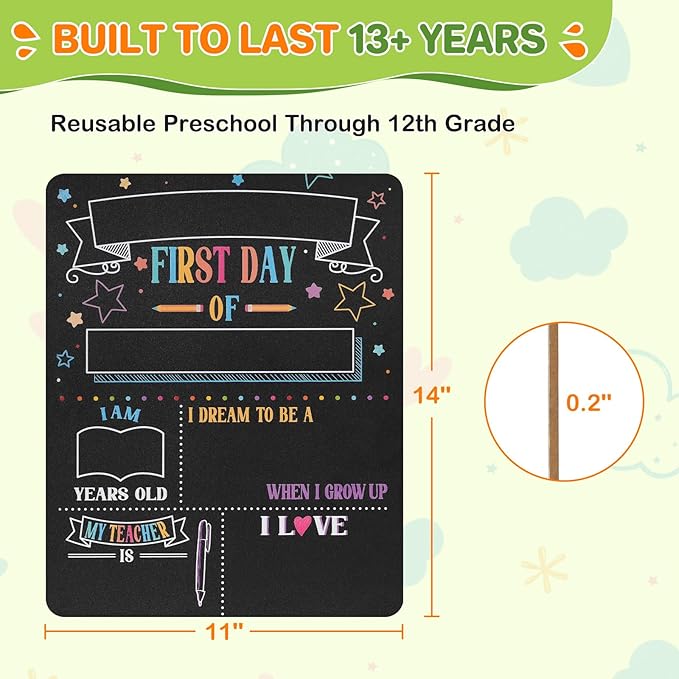 First Day Last Day of School Sign 11x14 Double-Sided Reusable Chalkboard with Chalk Markers - Back to School Gift Photo Prop for Preschool Kindergarten Elementary Kids Memory Keepsake